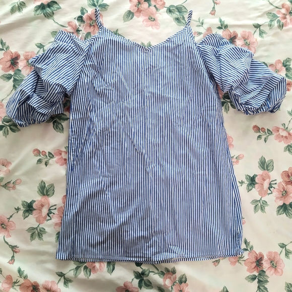 Blue Pinstriped Off the Shoulder Sleeve Dress - Picture 2 of 4